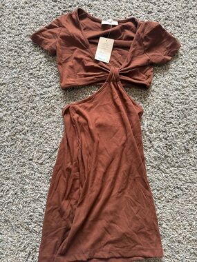 Pitaya Rust Brown Ribbed Cutout Knit Dress